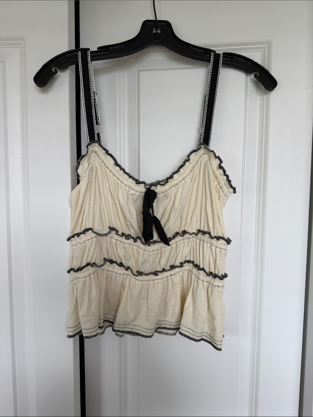 Pilcro Cream Ruffle Cami with Black Trim and Tie